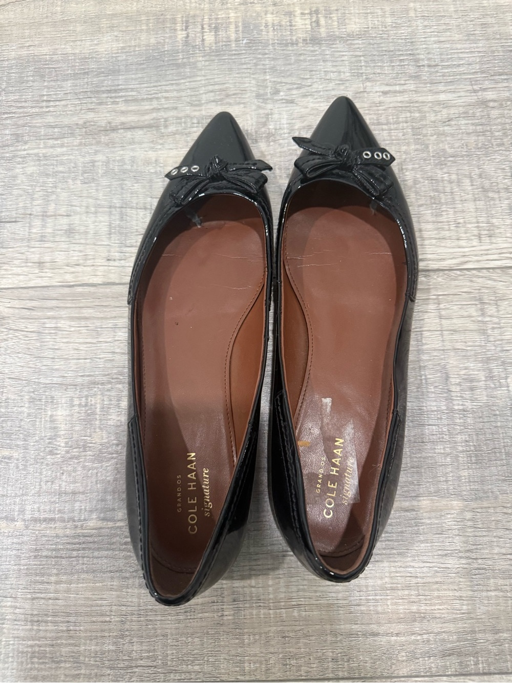 Cole Haan Black Patent Pointed-Toe Ballet Flats with Bow